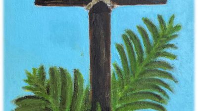 Heden hosanna: De palmtak; morgen kruisigt Hem: Het lege kruis. Tekening door parochiaan Anna van Grevenhof.