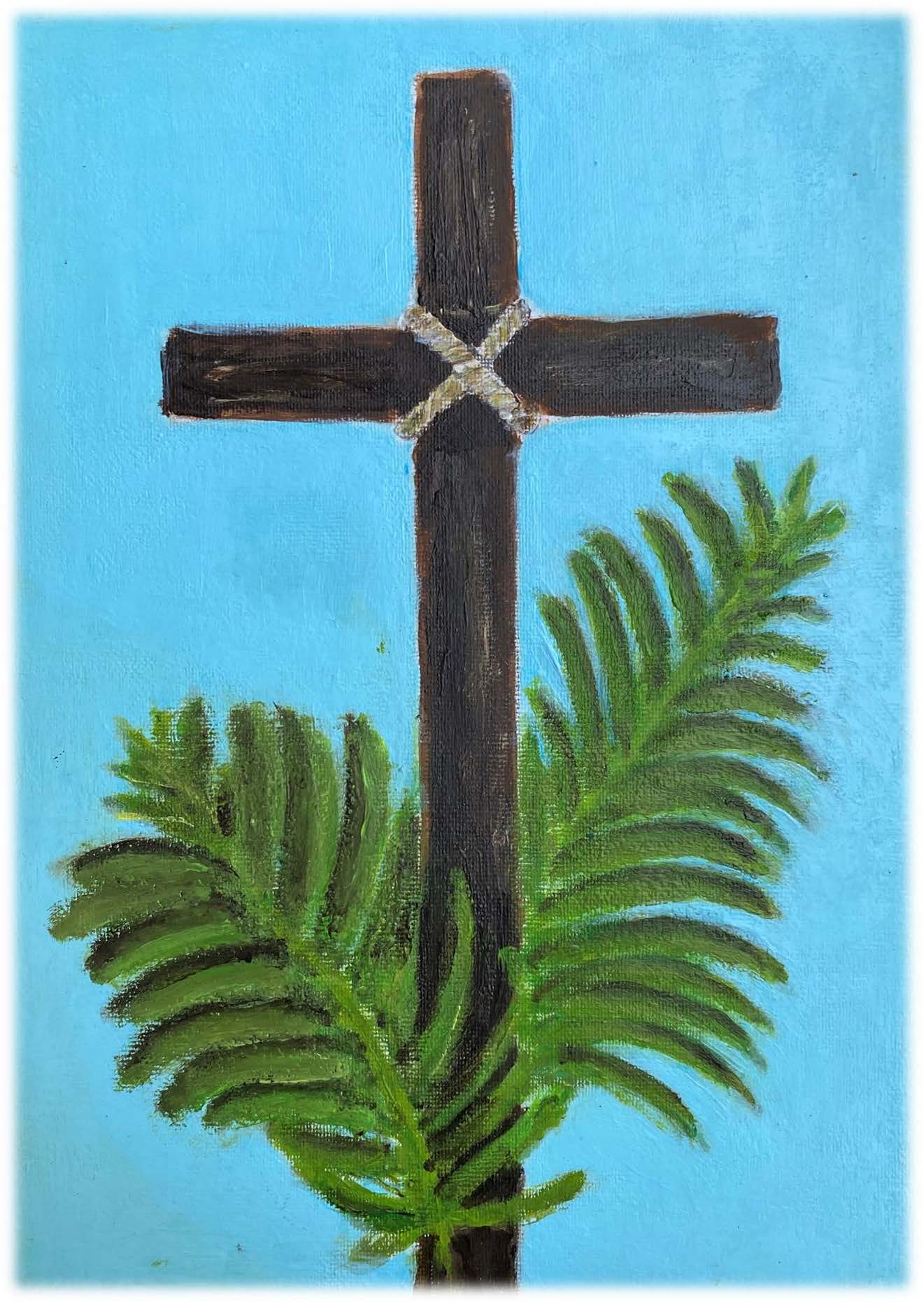 Heden hosanna: De palmtak; morgen kruisigt Hem: Het lege kruis. Tekening door parochiaan Anna van Grevenhof.